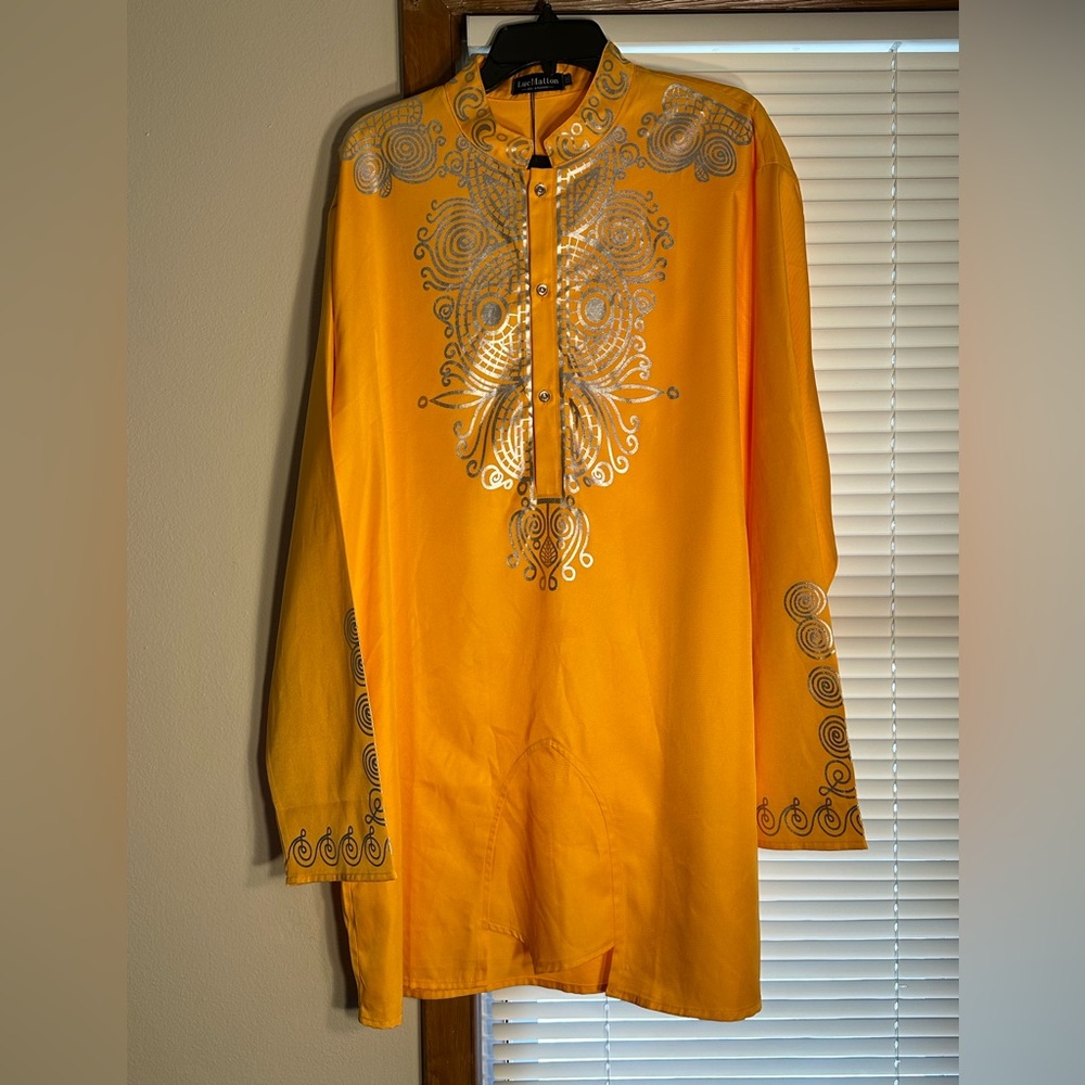 Vibrant Yellow Dashiki with Unique Silver Design Accents